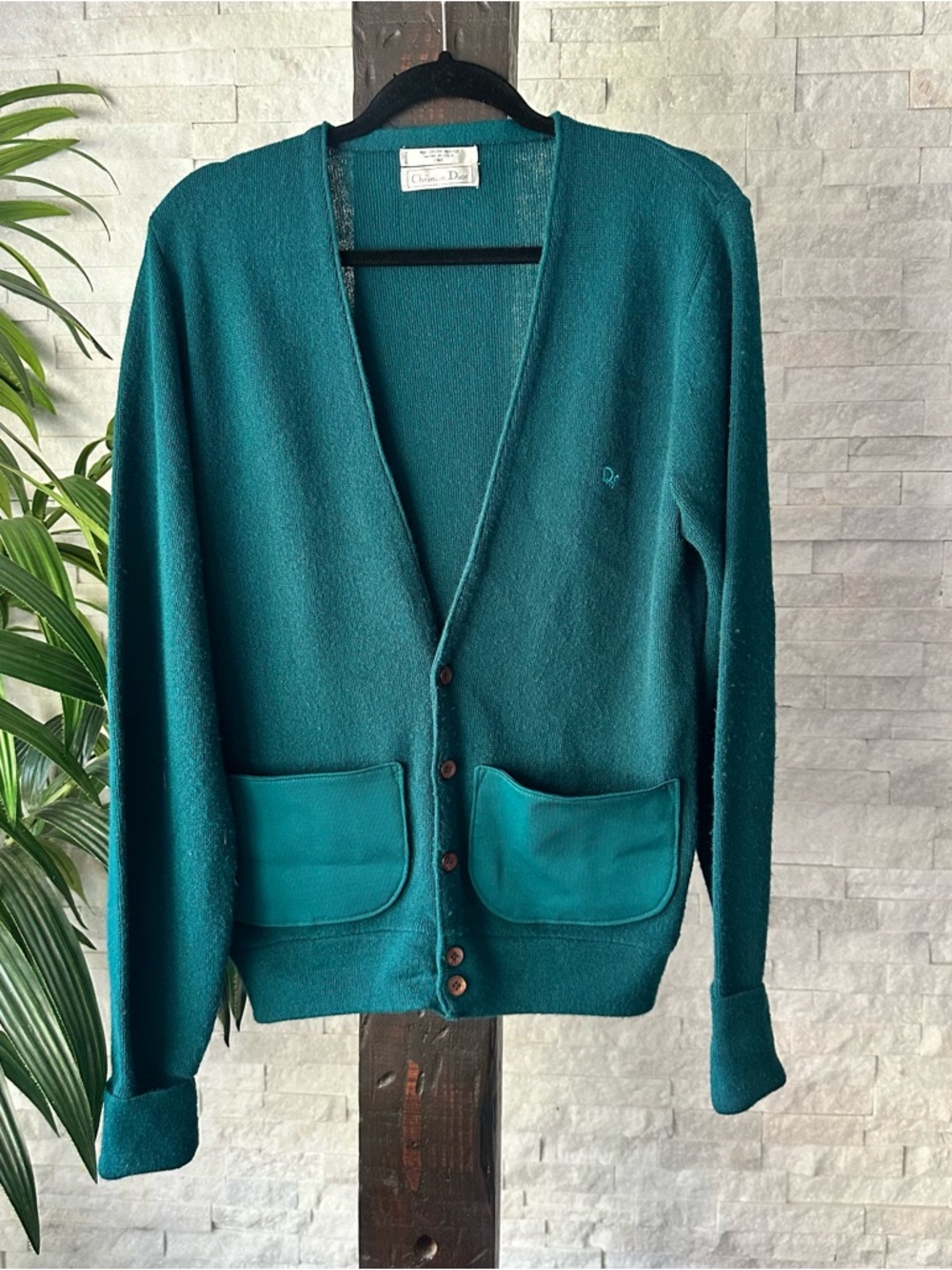 Christian Dior Teal Green Vintage Cardigan Sweater with Drop Pockets Size M